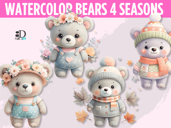 Download Watercolor Bears 4 Seasons of Cuteness - Premium Resources