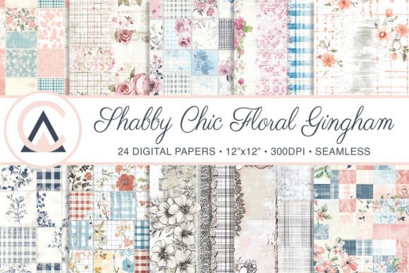 Download Shabby Chic Floral Gingham Digital Paper - Floral Collection