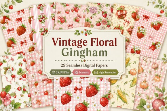 Download Vintage Floral Gingham Digital Pattern - Floral Collection