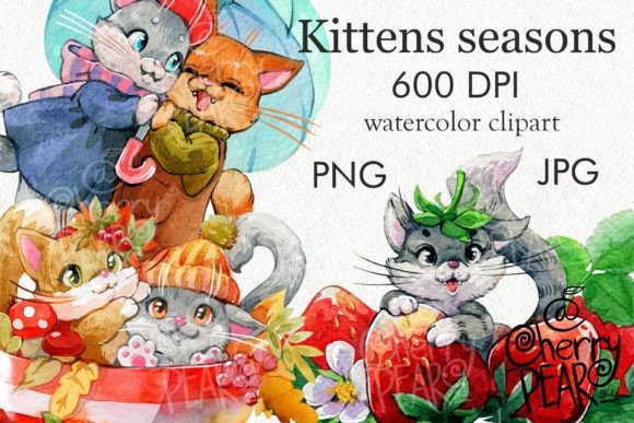 Download Kittens Seasons, Watercolor Cute Clipart - Premium Resources