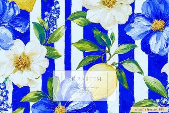 Download Blue Stripe Floral Lemon Pattern Oil Art - Floral Collection
