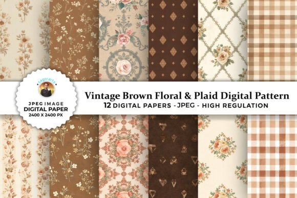 Download Brown Floral &amp; Plaid Digital Patterns - Floral Collection