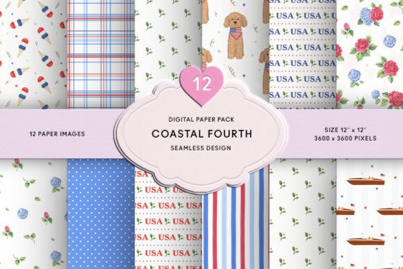 Download Floral July 4th Blue &amp; Red Digital Paper - Floral Collection